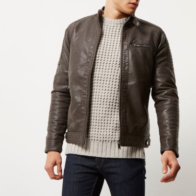 Brown racer neck faux leather jacket